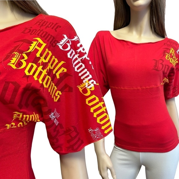 Apple Bottoms by Nelly Top Graphic Print Branded Tee Y2K Ribbed Bodice Made USA - Picture 1 of 13